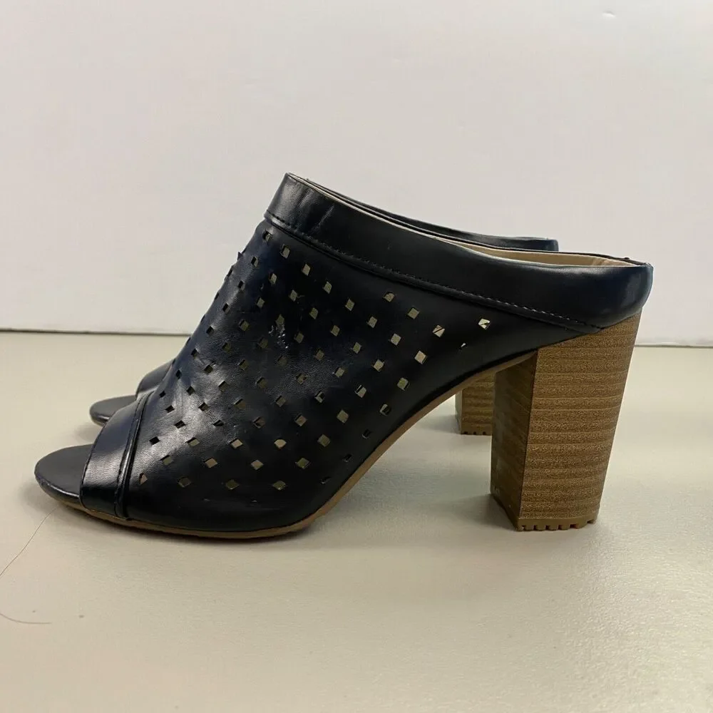Rialto Chunky Heel Mules Womens 8.5 Black Perforated‎ Leather Sandals Retro Y2K
